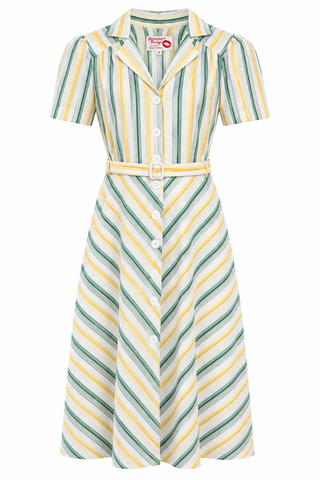 **Limited Edition** Charlene Shirtwaister Dress in Green & Yellow Stripe 100% Cotton, True 1950s Vintage Style