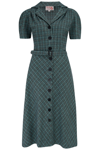 RnR "Luxe" Range, Charlene Shirtwaister Dress in Teal Grey Check, 100% Wool, True 1950s Vintage Style (Wool No.5)