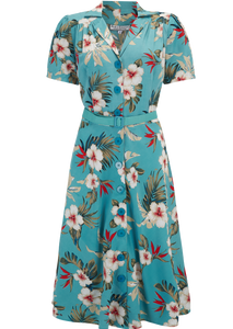 The "Charlene" Shirtwaister Dress in Teal Hawaiian Print, True & Authentic 1950s Vintage Style - True vintage clothing outfit styles for Goodwood Revival and Viva Las Vegas Rockabilly Weekend Rock n Romance Rock n Romance