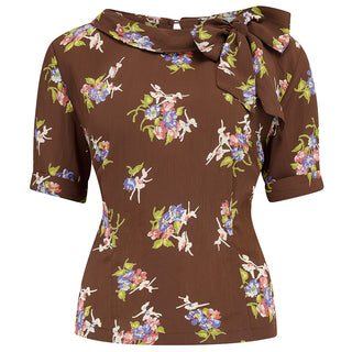 Cindy Blouse In Brown Floral Dancer Print, Classic 1940s Vintage Inspired Style By The Seamstress of Bloomsbury