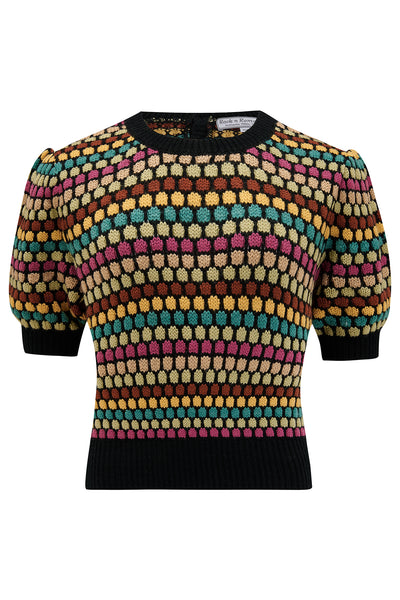 The "Claudette" Short Sleeve Pullover Jumper in Multi Colour Knit, Classic 1940s & 50s Vintage Style