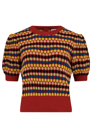 The "Claudette" Short Sleeve Pullover Jumper in Cherry Red With Multi Colour Spots, Classic 1940s & 50s Vintage Style