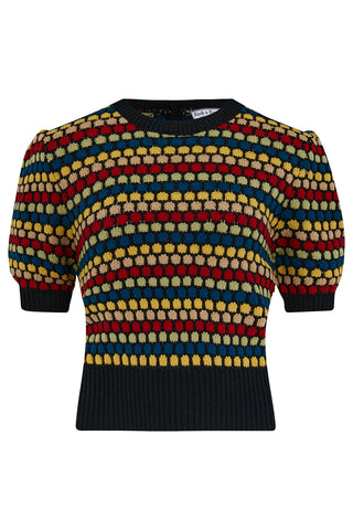 The "Claudette" Short Sleeve Pullover Jumper in Black With Multi Colour Spots, Classic 1940s & 50s Vintage Style