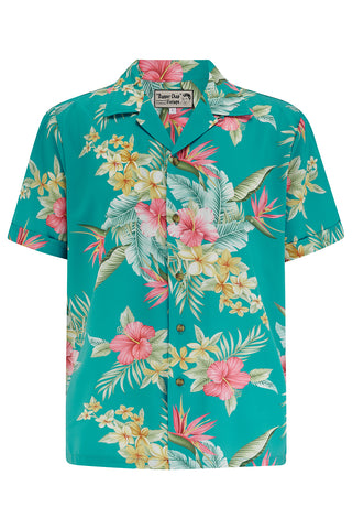 Mens "Cooper" Short Sleeved Casual Hawaiian Shirt In Teal Honolulu Print.. 1950s Sport Shirt