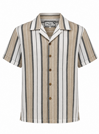 **Limited Edition** Mens "Cooper" Short Sleeved Shirt In Beige & White, 100% Cotton. 1950s Sport Shirt (Ref No.117)
