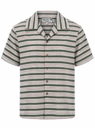 **Limited Edition** Mens "Cooper" Short Sleeved Shirt In Green & Beige Stripe, 100% Cotton. 1950s Sport Shirt (Ref No.18)
