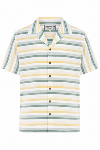 **Limited Edition** Mens "Cooper" Short Sleeved Shirt In Green & Yellow Stripe, 100% Cotton. 1950s Sport Shirt
