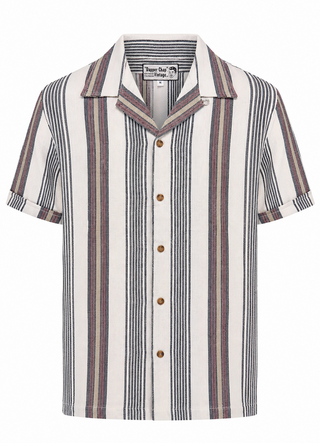 **Limited Edition** Mens "Cooper" Short Sleeved Shirt In Cream Black & Red Stripe, 100% Cotton. 1950s Sport Shirt (Ref No.116)