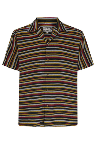 **Limited Edition** Mens "Cooper" Short Sleeved Shirt In Black & Multi Stripe, 100% Cotton. 1950s Sport Shirt