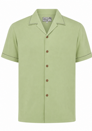 Mens "Cooper" Short Sleeved Shirt In Sage With Contrast Black Saddle Stitch. 1950s Sport Shirt