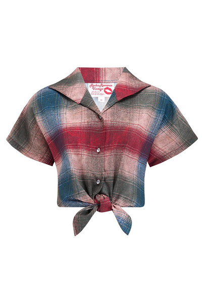 Tuck in or Tie Up "Maria" Blouse in Cotswold Check Print, Authentic 1950s
