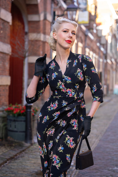 "Mabel" 3/4 Sleeve Dress in Black Floral Dancer, A Classic 1940s True Vintage Inspired Style