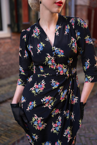 "Mabel" 3/4 Sleeve Dress in Black Floral Dancer, A Classic 1940s True Vintage Inspired Style