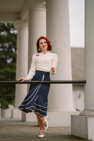 The "Glynis" Wrap Around Circle Skirt with Pockets in Navy with Ivory Ric Rac, True & Authentic 1950s Vintage Style