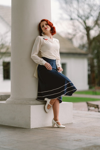 The "Glynis" Wrap Around Circle Skirt with Pockets in Navy with Ivory Ric Rac, True & Authentic 1950s Vintage Style