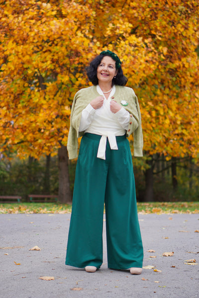 Le pantalon large Palazzo "Sophia" en vert, facile à porter, style d'inspiration vintage