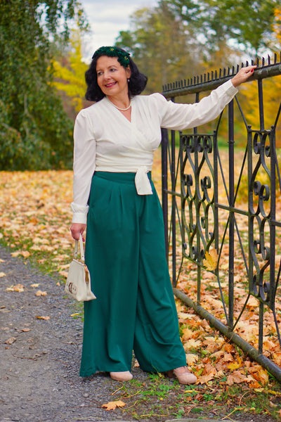 Le pantalon large Palazzo "Sophia" en vert, facile à porter, style d'inspiration vintage