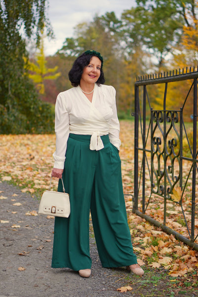 The "Sophia" Palazzo Wide Leg Trousers in Green, Easy To Wear Vintage Inspired Style