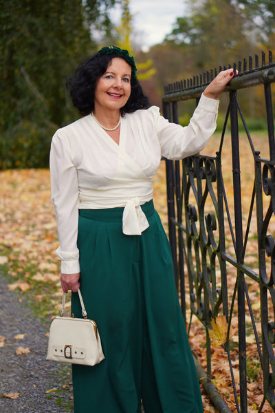 The "Darla" Long Sleeve Wrap Blouse in Antique White, True Vintage Style