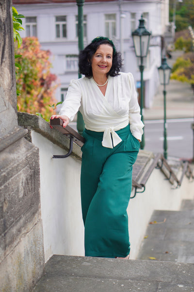 The "Sophia" Palazzo Wide Leg Trousers in Green, Easy To Wear Vintage Inspired Style