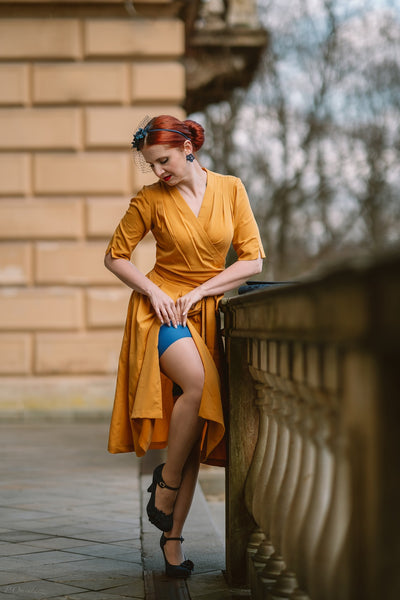 The "Vivien" Full Wrap Dress in Mustard, True 1940s To Early 1950s Style