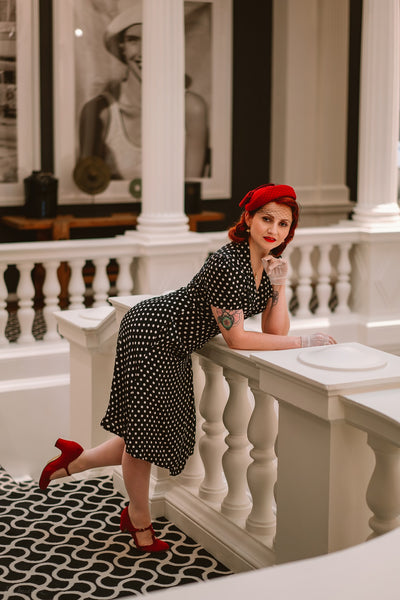 "Peggy Wrap Dress In Black With White Polkadot , Classic 1940s True Vintage Style