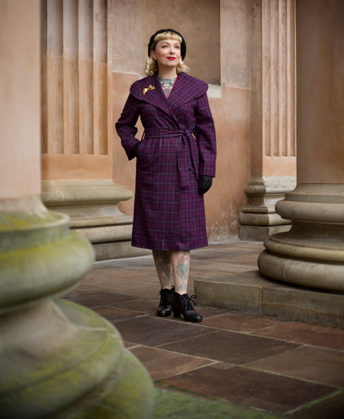 *Exclusive Limited Edition* The "Monroe" Wrap Coat in 100% Wool, Woven Purple Check.. True & Authentic Late 1940s, Early 50s Vintage Style