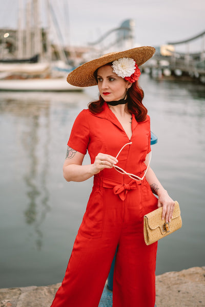 "Lauren" Siren Jump Suit in Solid Red, Classic 1940s Vintage Style