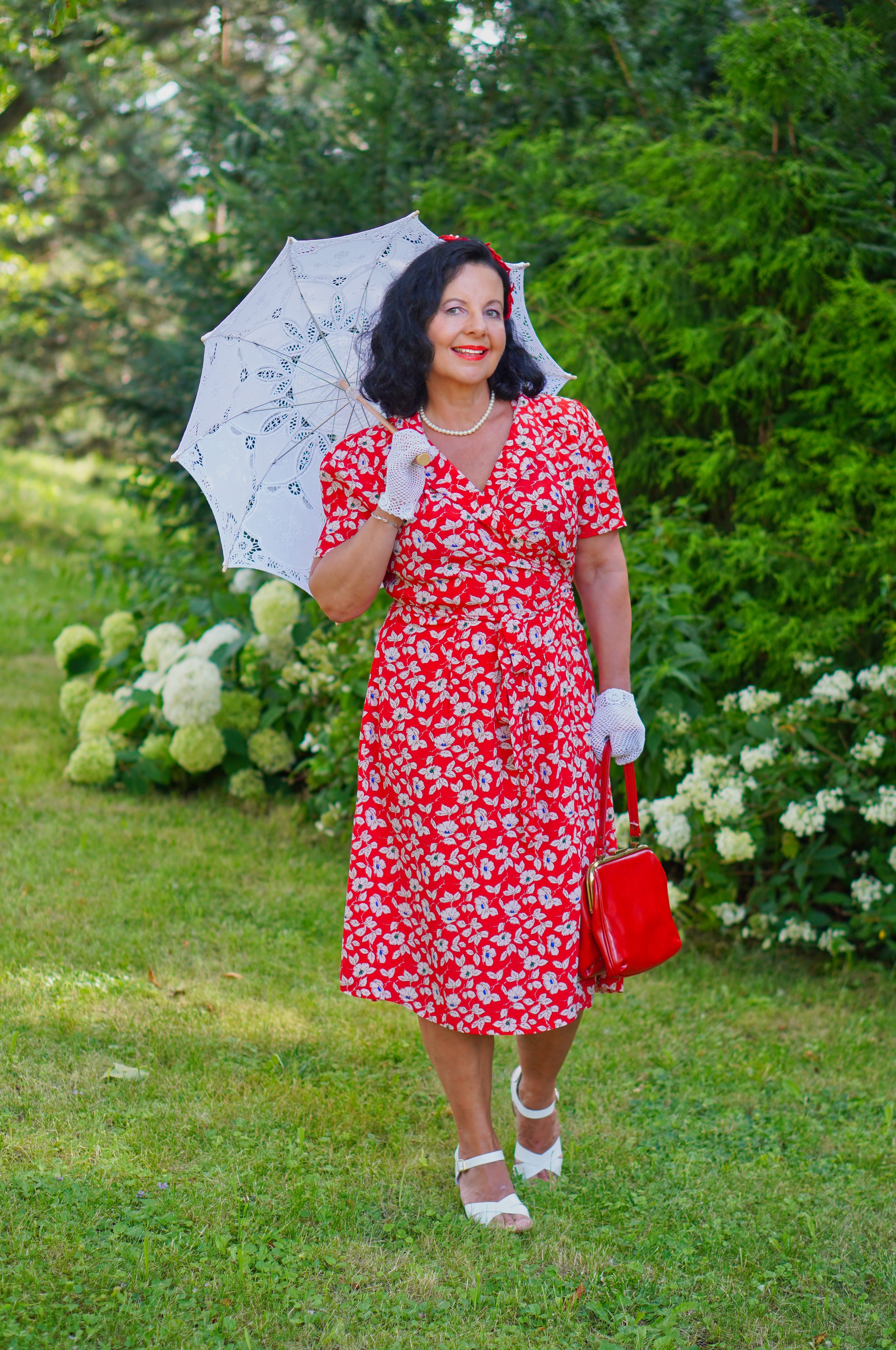 Peggy Wrap Dress Red Pansy Print, Classic 1940s True Vintage Style 8 Peggy Wrap Dress Red Pansy Print, Classic 1940s True Vintage Style 8