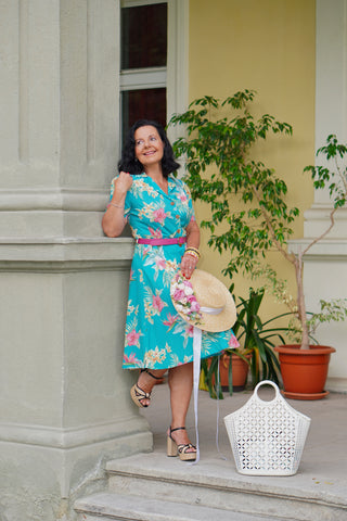 Charlene Shirtwaister Dress in Teal Honolulu Print, True 1950s Vintage Style
