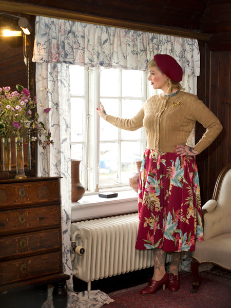 The "Sandra" Textured Diamond Knit Cardigan in Biscuit, 1940s & 50s Vintage Style