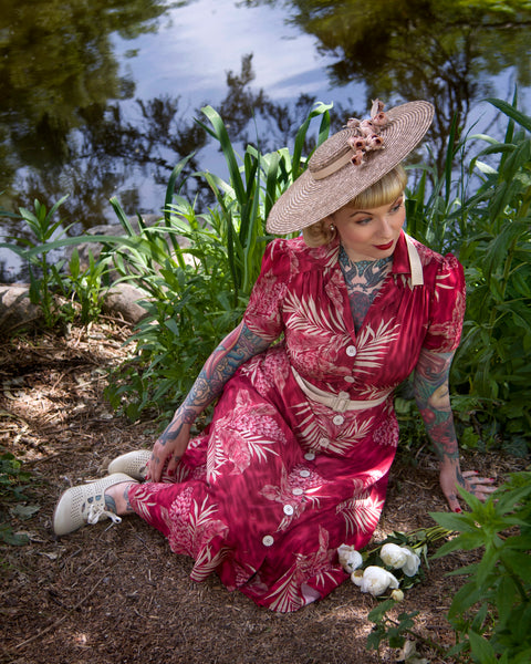 Charlene Shirtwaister Dress in Ruby Palm Print, True 1950s Vintage Style