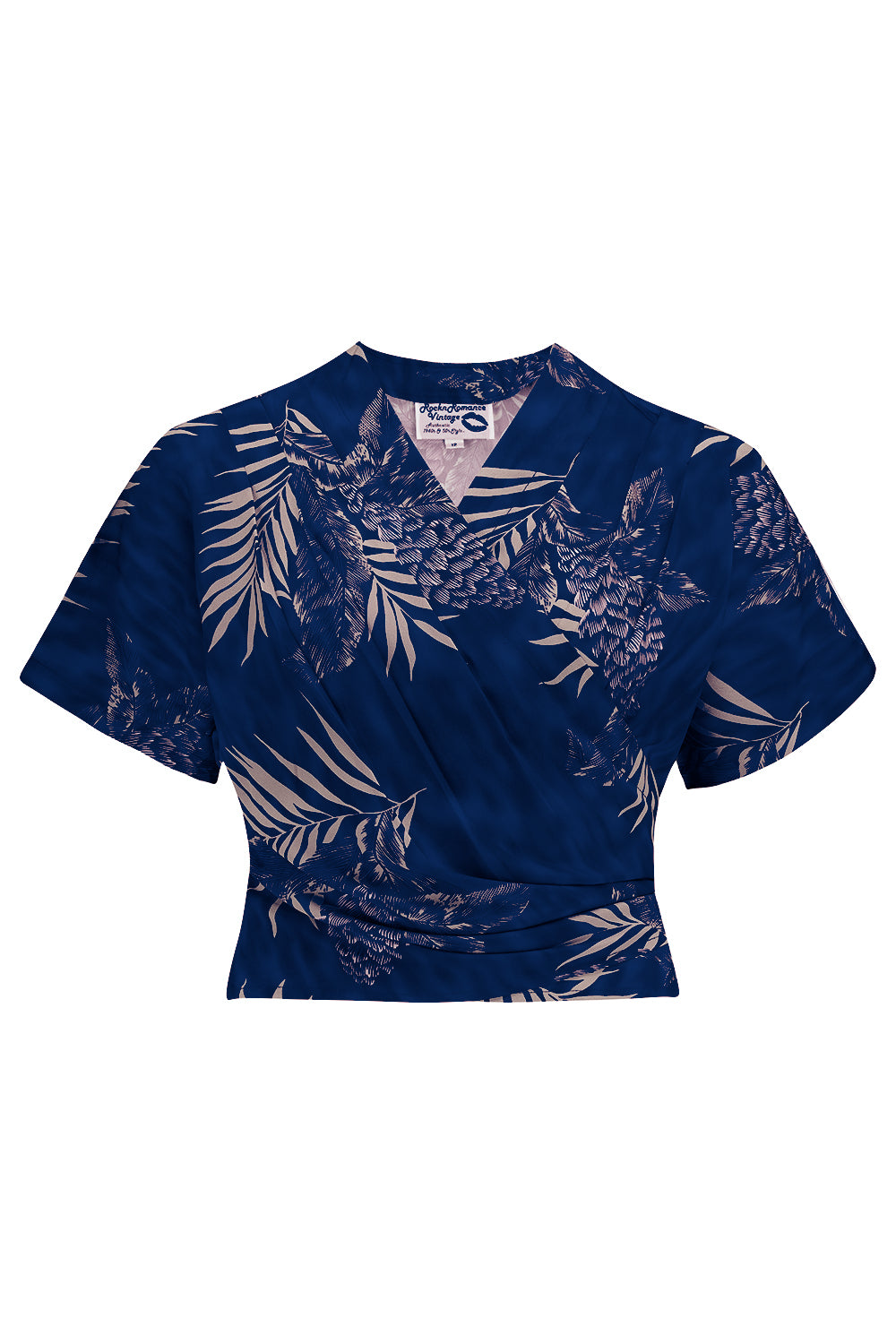 The "Darla" Short Sleeve Wrap Blouse in Sappire Palm Print, True Vintage Style