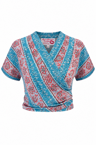 The "Darla" Short Sleeve Wrap Blouse in Fiesta Print, True 1950s Vintage Style