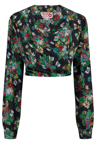 The "Darla" Long Sleeve Wrap Blouse in Secret Garden Print, True Vintage Style