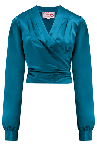 RnR "Luxe" Range.. The "Darla" Long Sleeve Wrap Blouse in Super Luxurious Peacock Blue SATIN