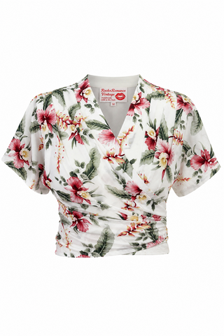 The "Darla" Short Sleeve Wrap Blouse in Hibiscus Print, True Late 1940s Early 50s Vintage Style