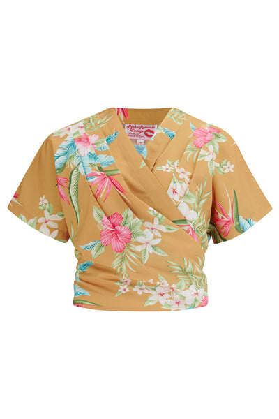 The "Darla" Short Sleeve Wrap Blouse in Mustard Honolulu Print, True Vintage Style
