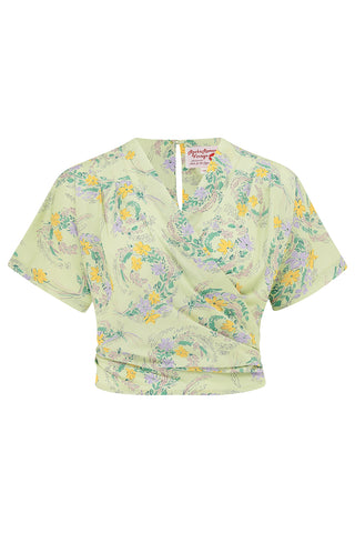The "Darla" Short Sleeve Wrap Blouse in Meadow Lane Print, True Late 1940s Vintage Style