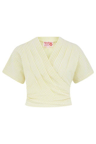 The "Darla" Short Sleeve Wrap Blouse in Yellow Stripe 100% Cotton Seersucker, True Late 1940s Vintage Style