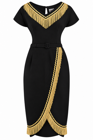 **PRE-ORDER** The “Dita" V Neck Sheath Dress in Black with Gold Fringe, True 1950s Vintage Style
