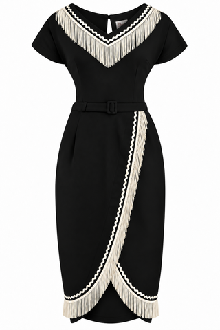 **PRE-ORDER** The “Dita" V Neck Sheath Dress in Black with Ivory Fringe, True 1950s Vintage Style