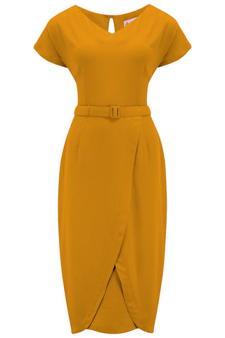 **PRE-ORDER** The “Dita" V Neck Sheath Dress in Mustard, True19 50s Vintage Style