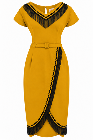 **PRE-ORDER** The “Dita" V Neck Sheath Dress in Mustard with Black Fringe, True 1950s Vintage Style
