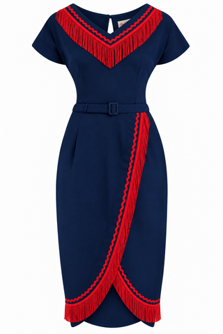 **PRE-ORDER** The “Dita" V Neck Sheath Dress in Navy with Red Fringe, True 1950s Vintage Style