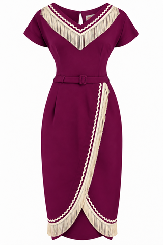 **PRE-ORDER** The “Dita" V Neck Sheath Dress in Plum with Ivory Fringe, True 1950s Vintage Style