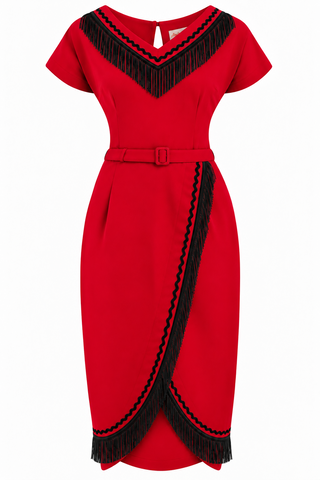 **PRE-ORDER** The “Dita" V Neck Sheath Dress in Red with Black Fringe, True 1950s Vintage Style