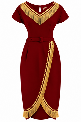 **PRE-ORDER** The “Dita" V Neck Sheath Dress in Wine with Gold Fringe, True 1950s Vintage Style