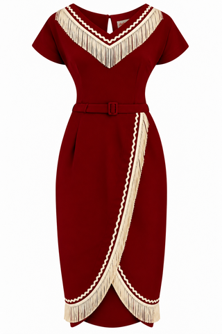 **PRE-ORDER** The “Dita" V Neck Sheath Dress in Wine with Ivory Fringe, True 1950s Vintage Style