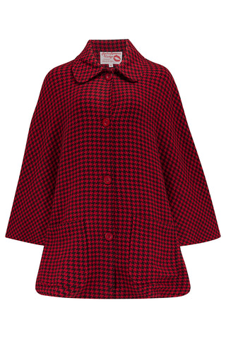 *Exclusive Limited Edition* The "Dixie Cape" in Woven Red Houndstooth, 100% Wool With Luxury Satin Lining, Classic Rockabilly Style
